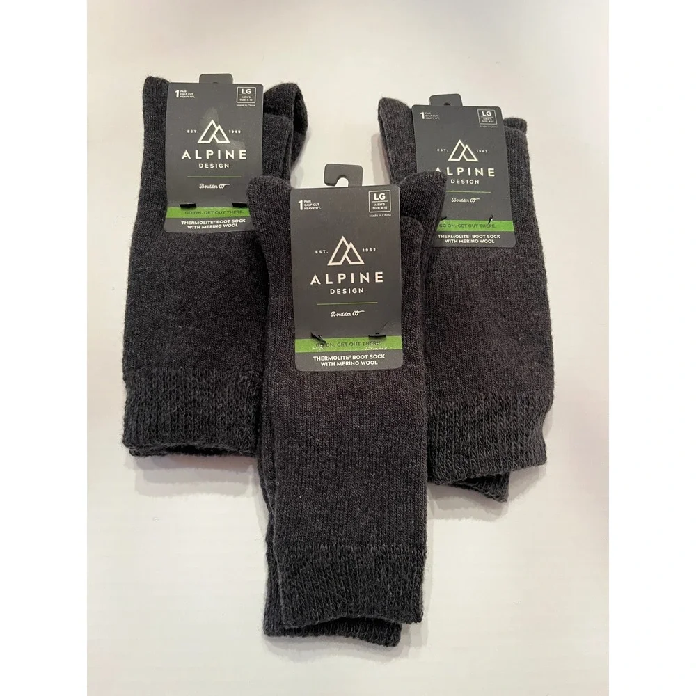 Alpine Design 3 Pair‎ Thermolite Boot Socks with Merino Wool Gray Size Large